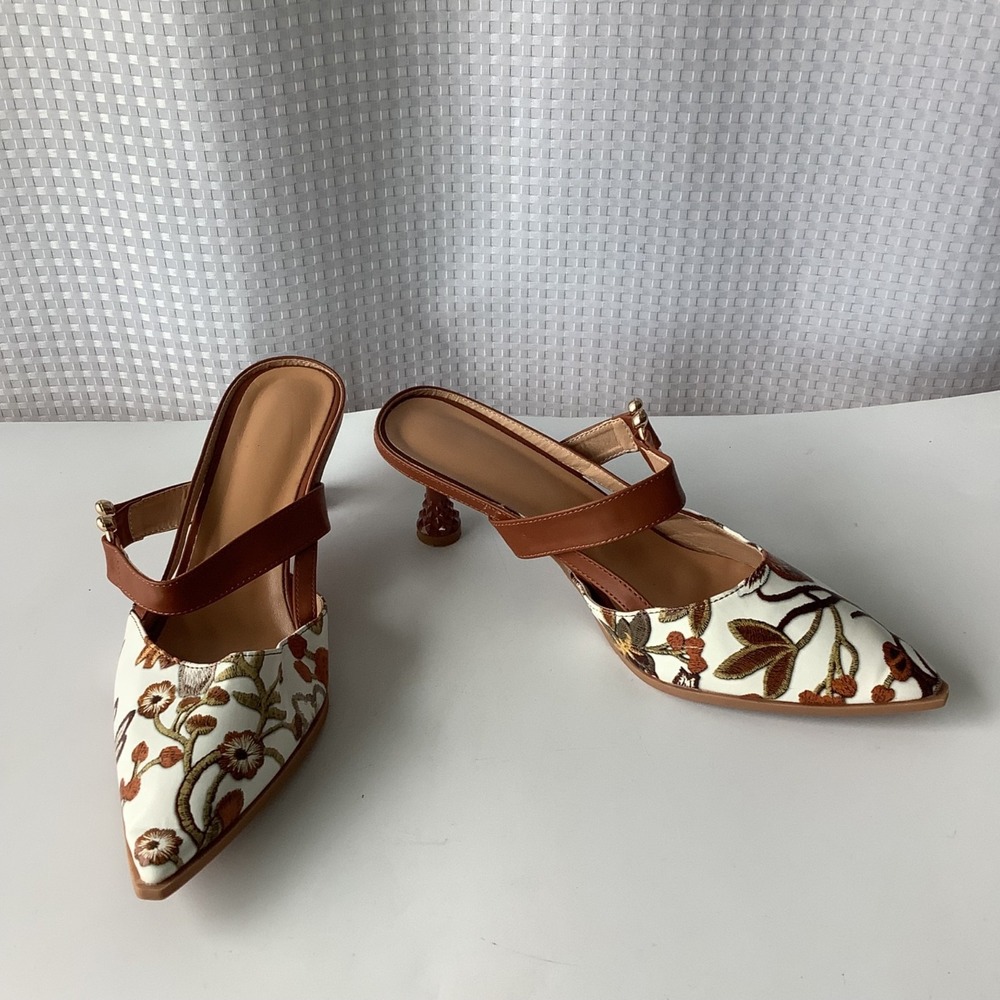 Brown Floral Slingback Pointed Toe Open Back Heel